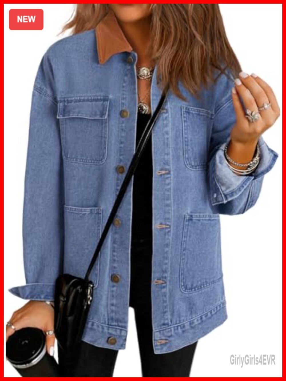 Oversized Denim Jacket Corduroy Collar Drop Shoulder Button Up Loose Fit